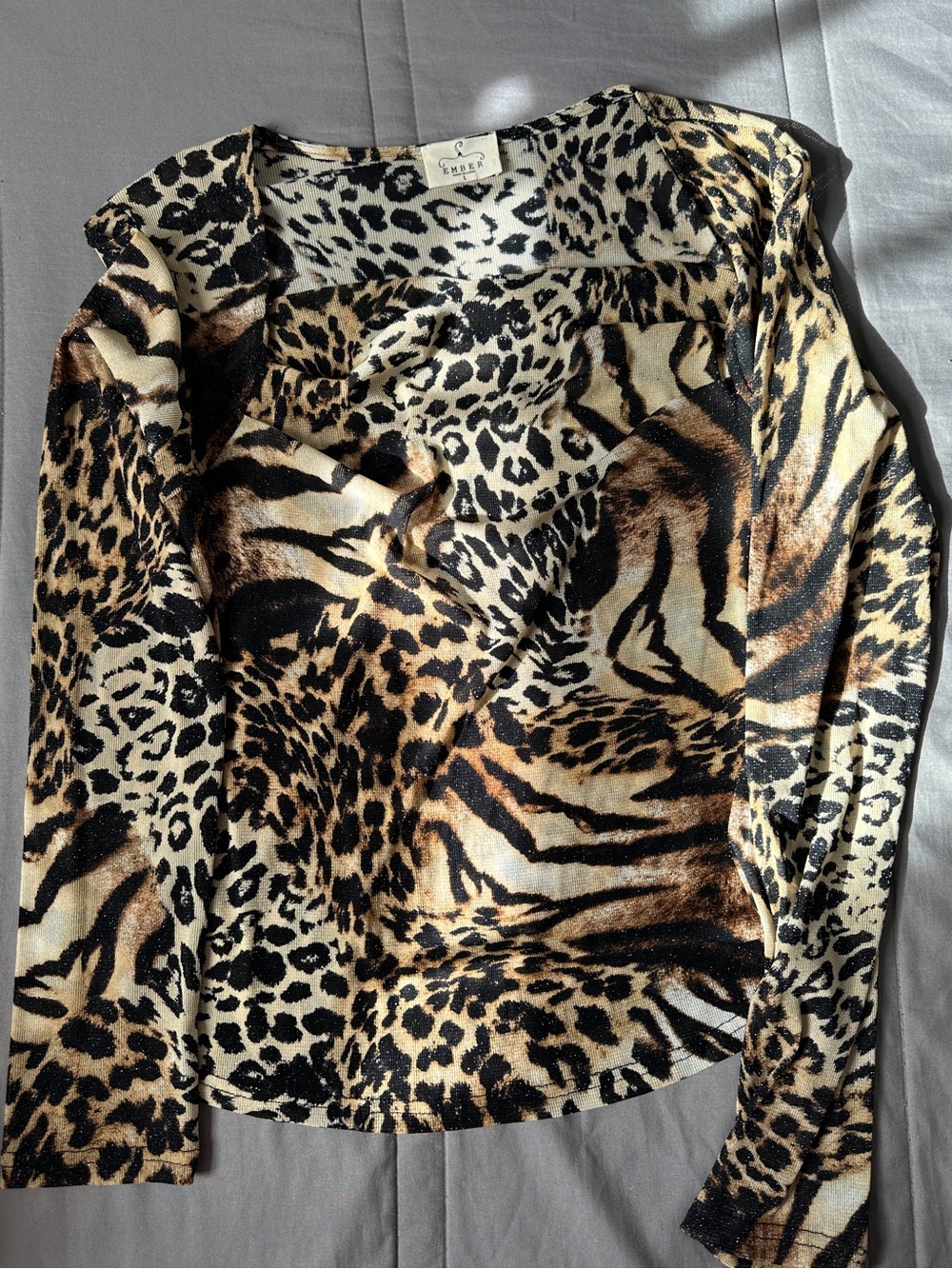 Animal Print Long Sleeve Blouse - Black/Beige/Brown